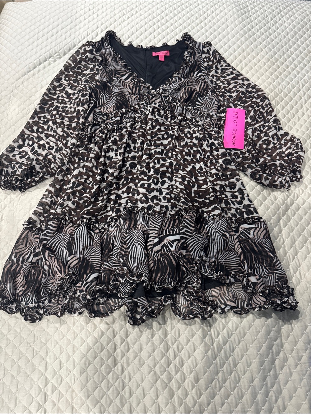 Brown, Black & White Animal-Print Ruffle Blouse Dress